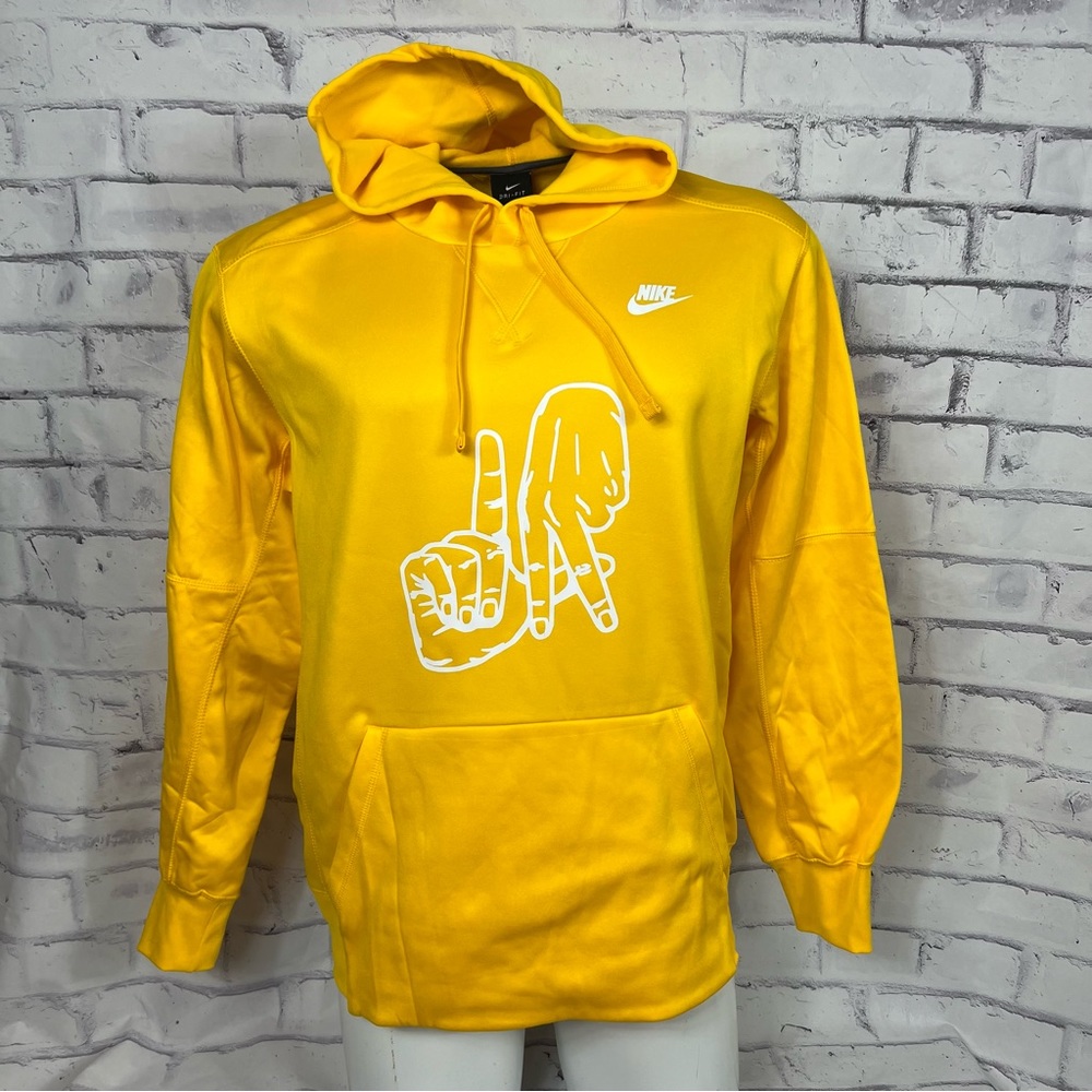 NEW Custom Nike Mens Large Lakers LA Hands Yellow Therma Hoodie Dri-Fit Pullover